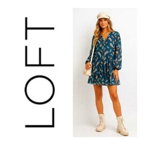 LOFT Teal Feather Print Chiffon Mini Babydoll Dress